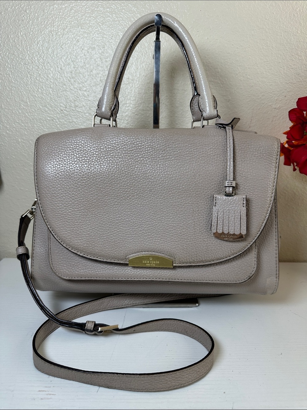 kate spade taupe pebbled leather top-handle satchel charm & long strap